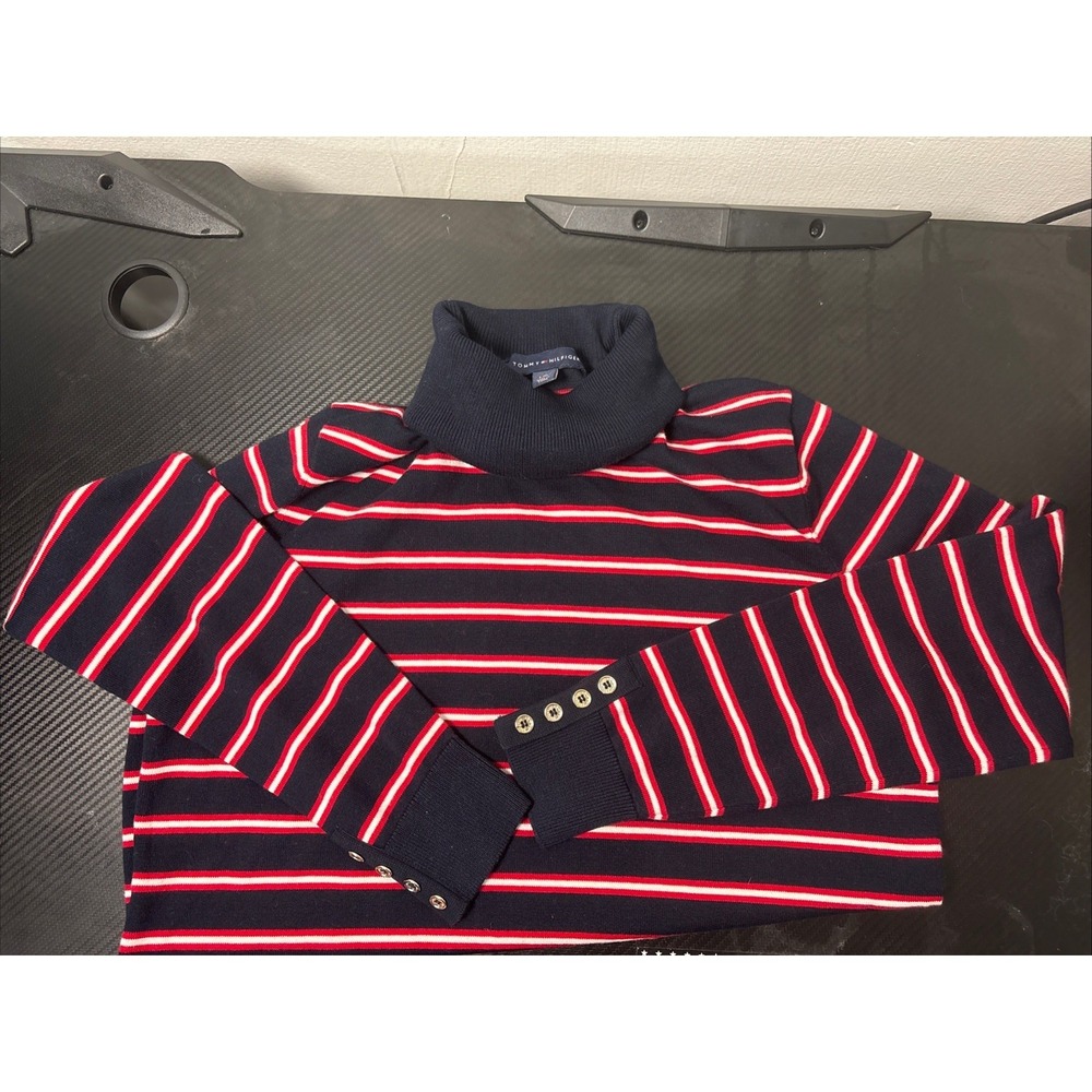 Tommy Hilfiger Unisex Striped Turtleneck Knit Pullover Sweater Size L Red Navy
